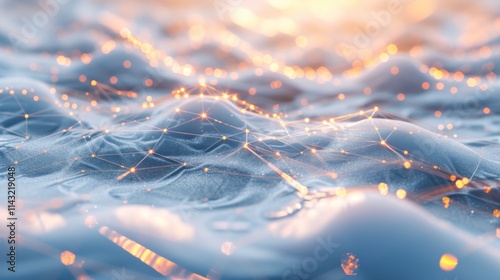 Futuristic 3D rendering of glowing orange digital network lines connecting nodes over a smooth reflective surface, symbolizing connectivity and advanced technology. AI generated.