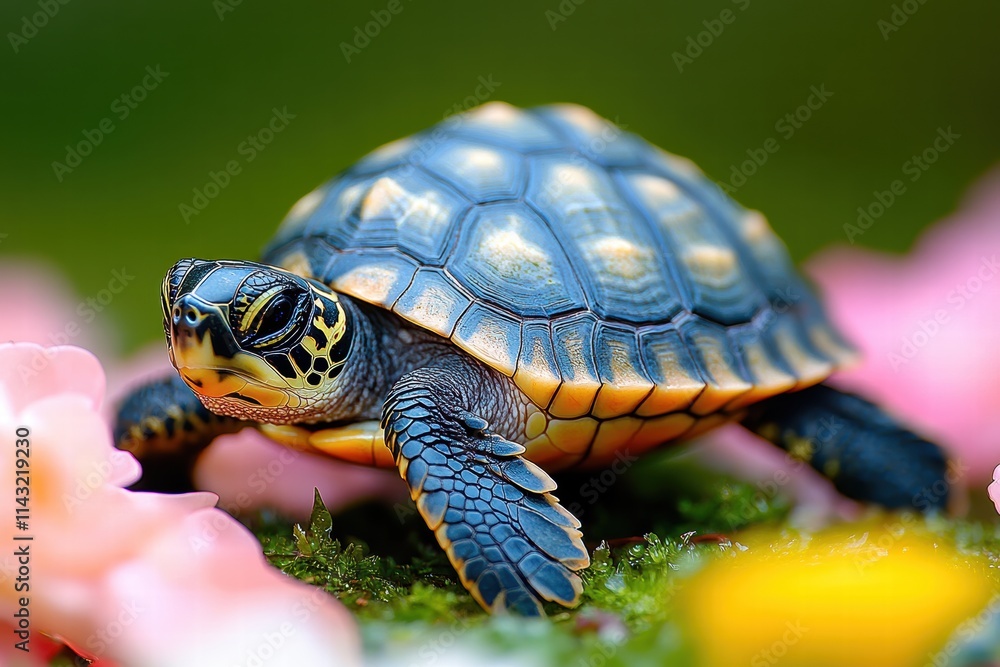 Obraz premium Small turtle crawls towards the ocean on a sandy beach during sunrise