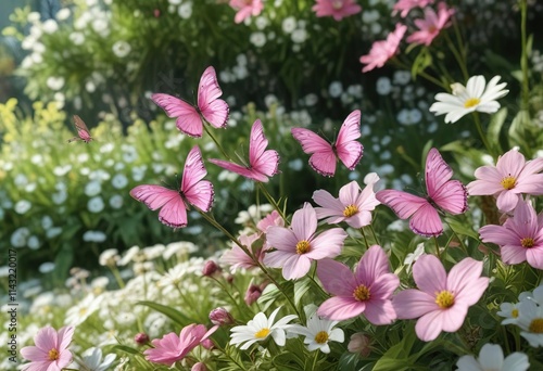 A cluster of pink butterflies dancing around a patch of white flowers in a garden, nature photography, butterfly dance