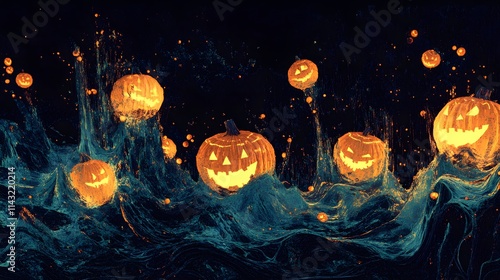 art of illuminated pumpkins with eerie faces, glowing under a dark Halloween night sky photo