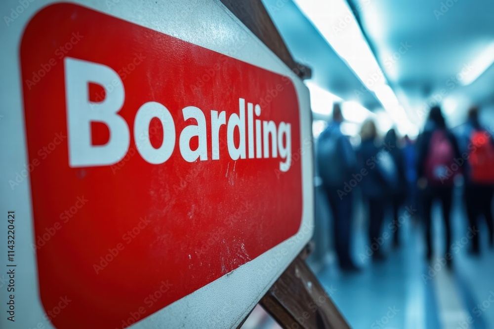 Obraz premium Boarding sign indicates passenger line at airport terminal during busy travel hours