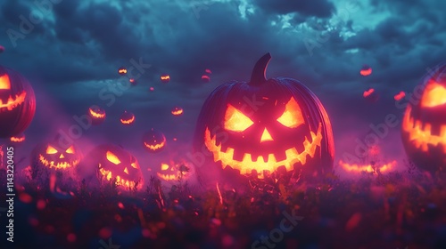  art of illuminated pumpkins with eerie faces, glowing under a dark Halloween night sky photo