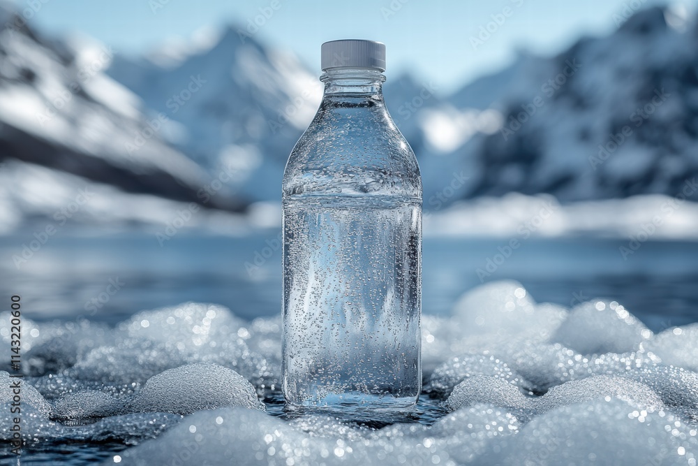 Crystal clear water in a bottle stands amidst frothy bubbles and a majestic mountain backdrop Crystal clear water in a bottle stands amidst frothy bubbles and a majestic mountain backdrop