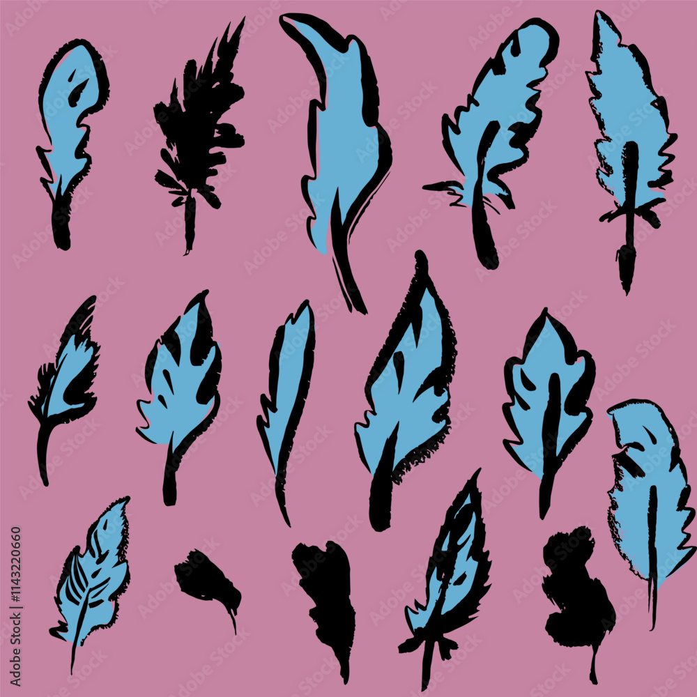 Fototapeta premium Set of feathers, vector, isolated, hand draw ink like doodle. With texture and brush strokes. Bright colors, original and unusual.