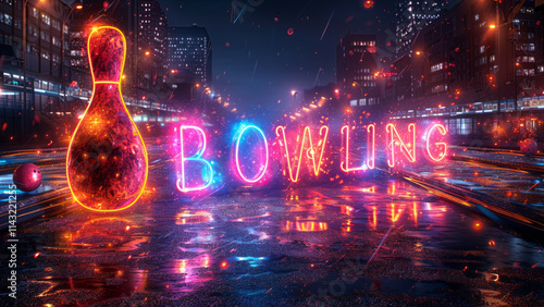 Vibrant Neon Bowling Sign with Illuminated Pin in Cityscape