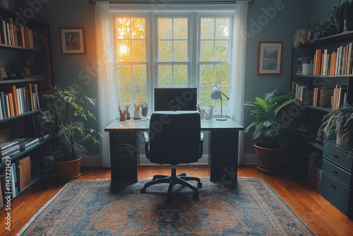 Photographie de qualité d'un bureau de travail minimaliste à domicile avec un design épuré et une ambiance productive photo