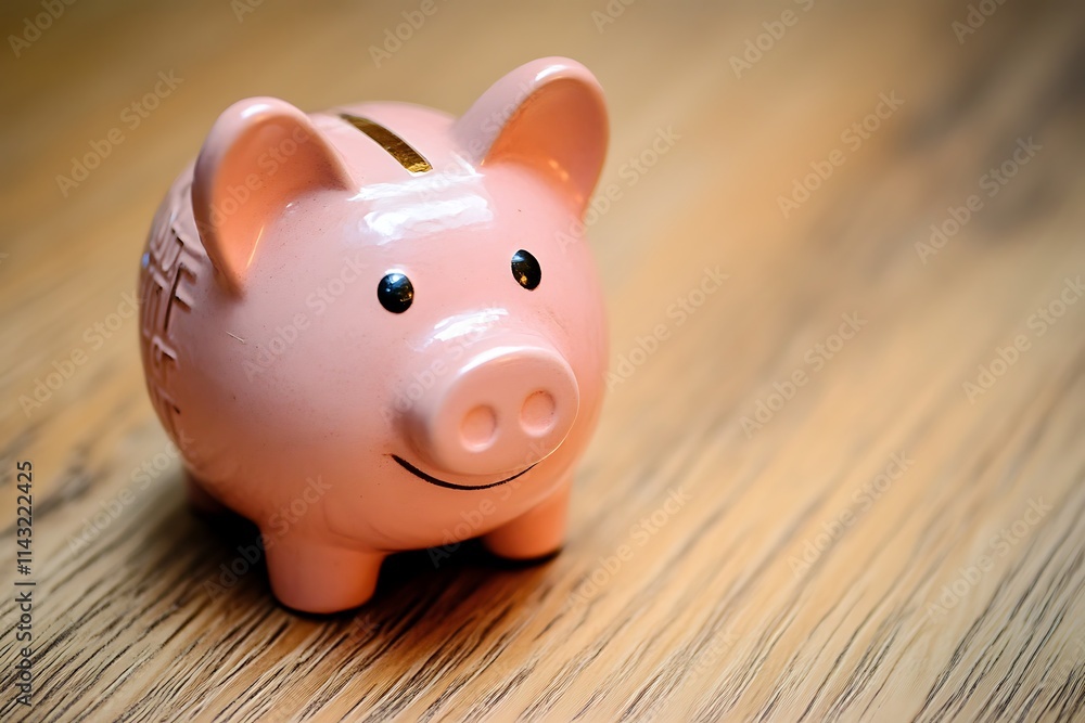 Fototapeta premium Pink Piggy Bank on Wooden Surface: Savings, Finance, and Financial Security