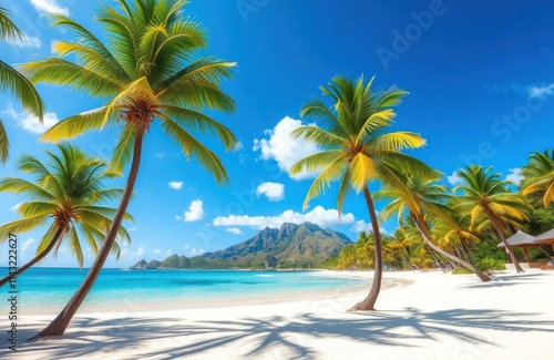 Paradise beach resort on Mauritius island. Palm trees stand tall on white sand beach near turquoise water lagoon. Sunny sky with clouds. Calm, relaxing atmosphere at beautiful tropical place. People