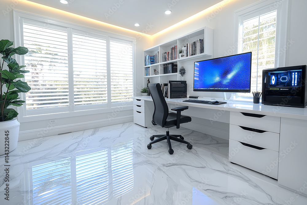 Photographie de qualité d'un bureau de travail minimaliste à domicile avec un design épuré et une ambiance productive Photographie de qualité d'un bureau de travail minimaliste à domicile avec un design épuré et une ambiance productive