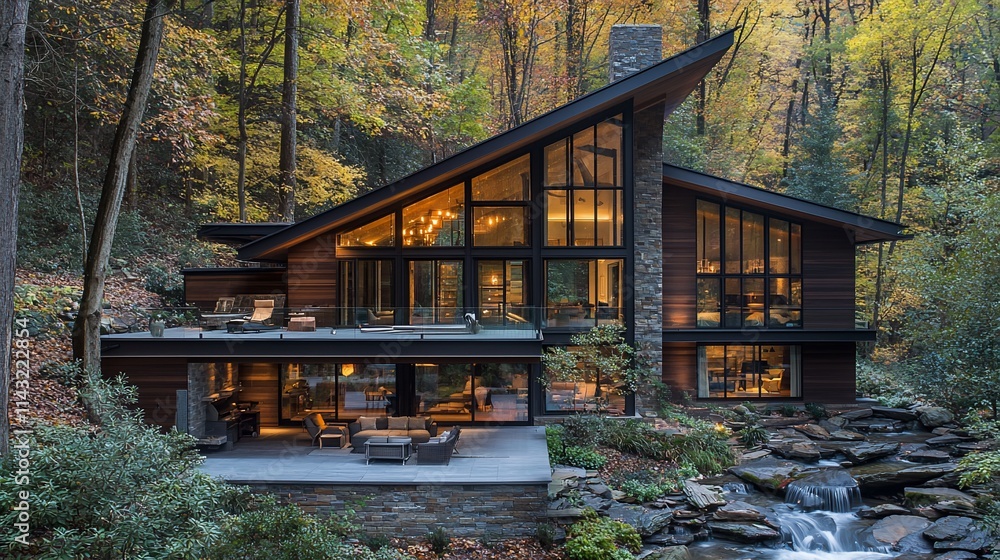 Obraz premium Modern wood house in autumn forest with stream.