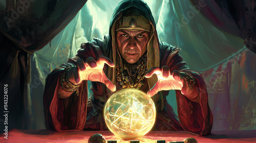 Dark Fantasy Concept Art of Fortune Tellers with Glowing Crystal Balls in Mystical Tents