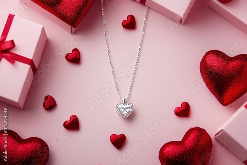 Valentine's Day jewelry product photography, a silver necklace with a heart-shaped diamond pendant surrounded by gift boxes and red hearts on a pink background.