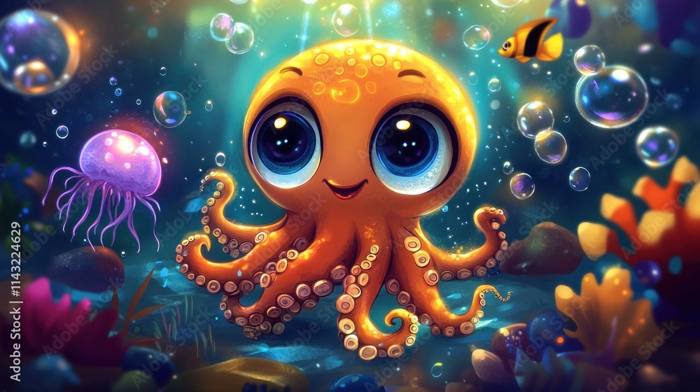 A cute cartoon octopus with big eyes surrounded by bubbles, a jellyfish, and colorful corals. A cute cartoon octopus with big eyes surrounded by bubbles, a jellyfish, and colorful corals.