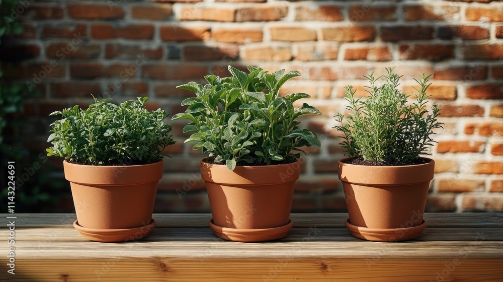 Three potted herbs in terracotta pots on wooden surface against brick wall. Three potted herbs in terracotta pots on wooden surface against brick wall.