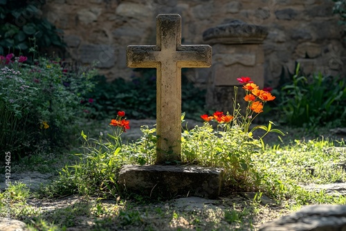 Stone cross in church garden photo