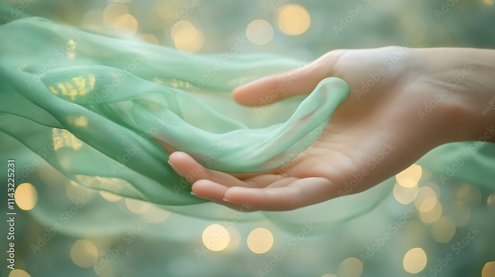 A delicate hand gracefully interacts with flowing green fabric against a soft, blurred background. A delicate hand gracefully interacts with flowing green fabric against a soft, blurred background.