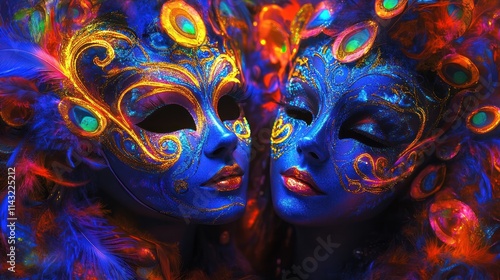 Wallpaper Mural Two women in vibrant blue Venetian masks with peacock feather details under UV light. Torontodigital.ca