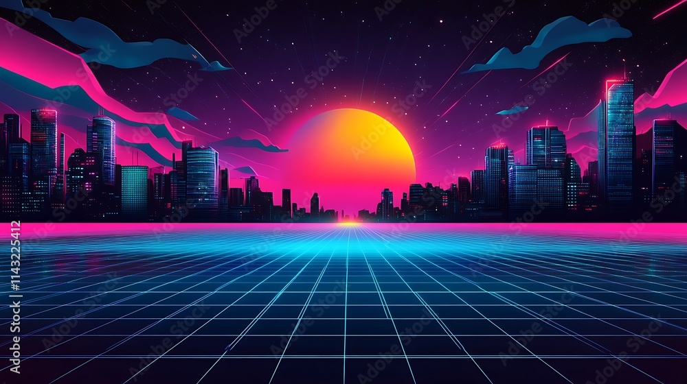 Retro Futuristic Cityscape at Sunset Neon Glow Retro Futuristic Cityscape at Sunset Neon Glow