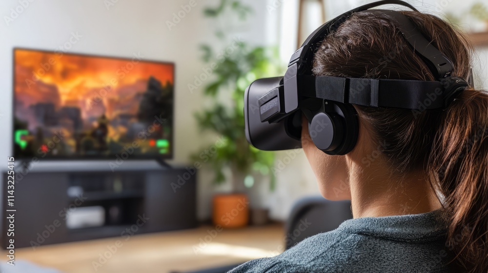 Virtual reality gaming setup with a person wearing a headset, immersed in the experience Virtual reality gaming setup with a person wearing a headset, immersed in the experience