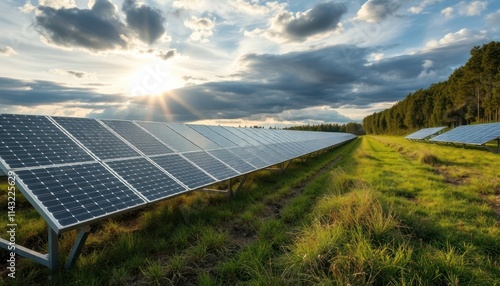 Vast solar panel farm stretches across grassy field under partly cloudy sky at sunset. Rows of photovoltaic panels generate clean energy. Eco-friendly tech harnesses sunlight for sustainable photo