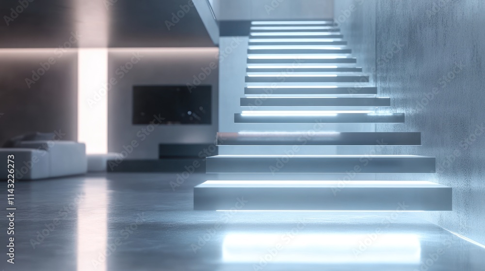 Modern staircase illuminated with soft lighting in a sleek interior space. Modern staircase illuminated with soft lighting in a sleek interior space.