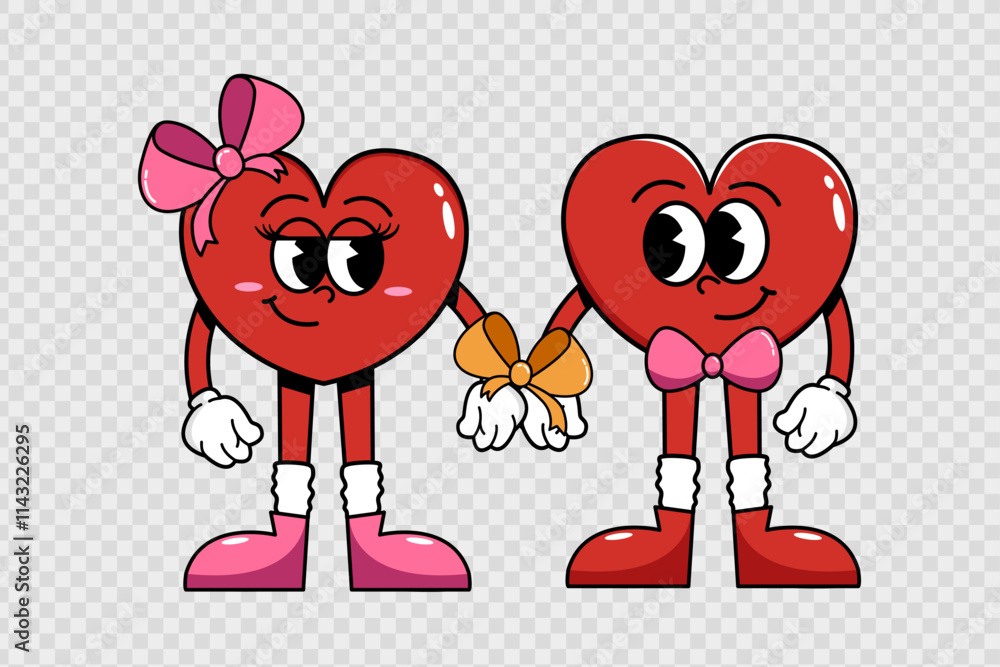 Obraz premium Retro characters of hearts in a groovy style, couple in love hands tied with a bow. Love cute and psychedelic mascots with face, hands, legs. Happy Valentine's Day.