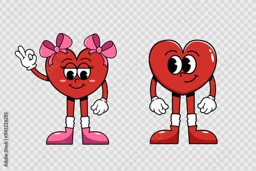 Cartoon cool two characters-hearts, boy heart looking at girl heart, and girl shy and showing ok sign with hand