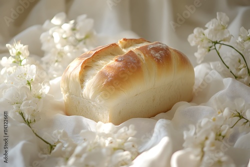 Loaf of bread on altar cloth photo