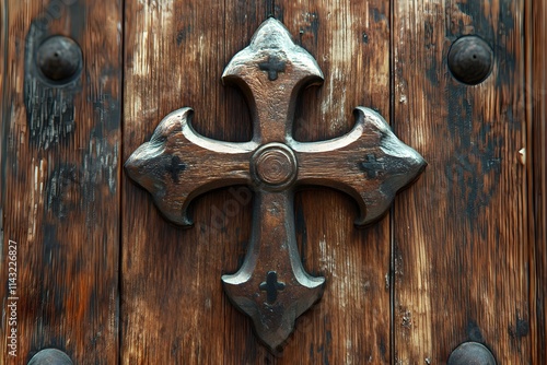 Cross carved into wood door photo