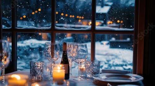 Romantic snowy evening dinner setting. photo