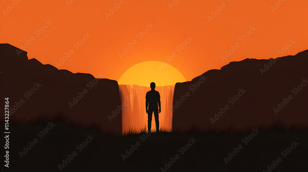 Fototapeta premium A silhouette of a person standing by a waterfall, gazing at the flowing water. Person by waterfall vector.