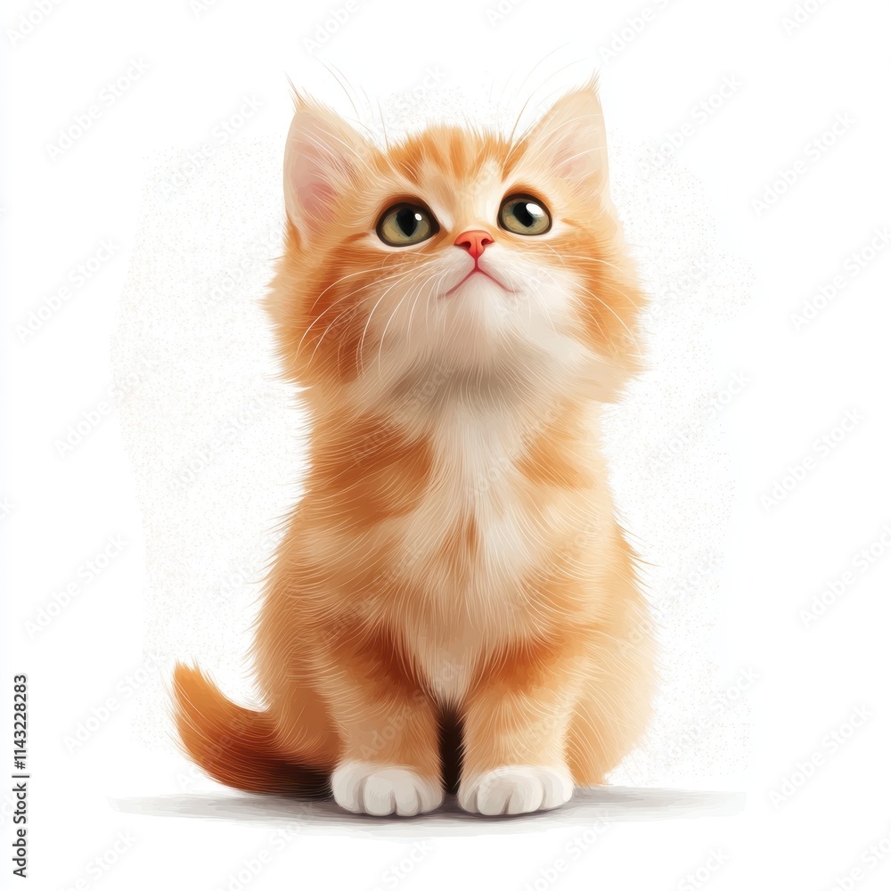 Adorable orange kitten with big eyes, sitting calmly and gazing upward, conveying curiosity and playfulness. Isolated on a white background. Adorable orange kitten with big eyes, sitting calmly and gazing upward, conveying curiosity and playfulness. Isolated on a white background.