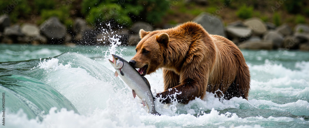 Brown bear catching salmon in rushing river
