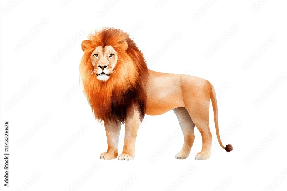 A majestic lion stands confidently, showcasing its iconic mane and powerful physique against a plain white background. A majestic lion stands confidently, showcasing its iconic mane and powerful physique against a plain white background.