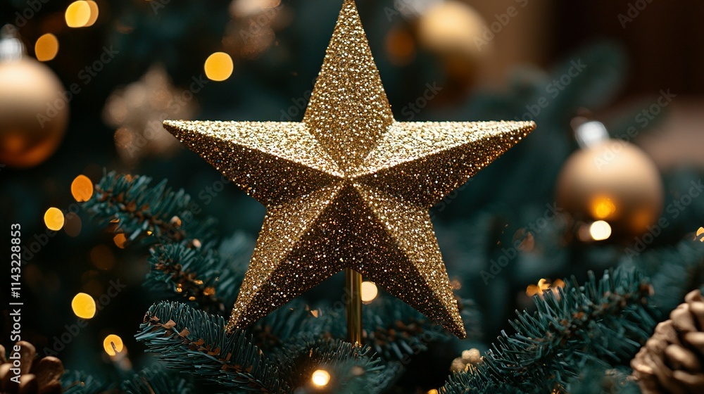 Glittering Gold Star Adorns Christmas Tree Glittering Gold Star Adorns Christmas Tree