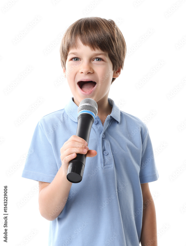 Cute boy with microphone singing on white background Cute boy with microphone singing on white background