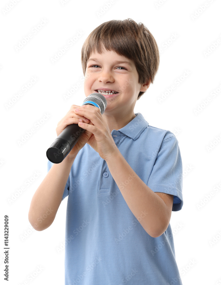 Smiling boy with microphone on white background Smiling boy with microphone on white background