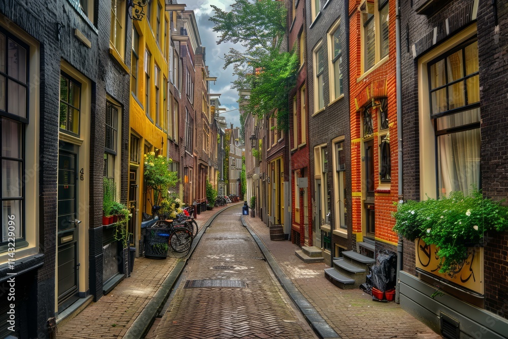 Brick sidewalk leading down narrow street with colorful buildings in amsterdam, netherlands Brick sidewalk leading down narrow street with colorful buildings in amsterdam, netherlands