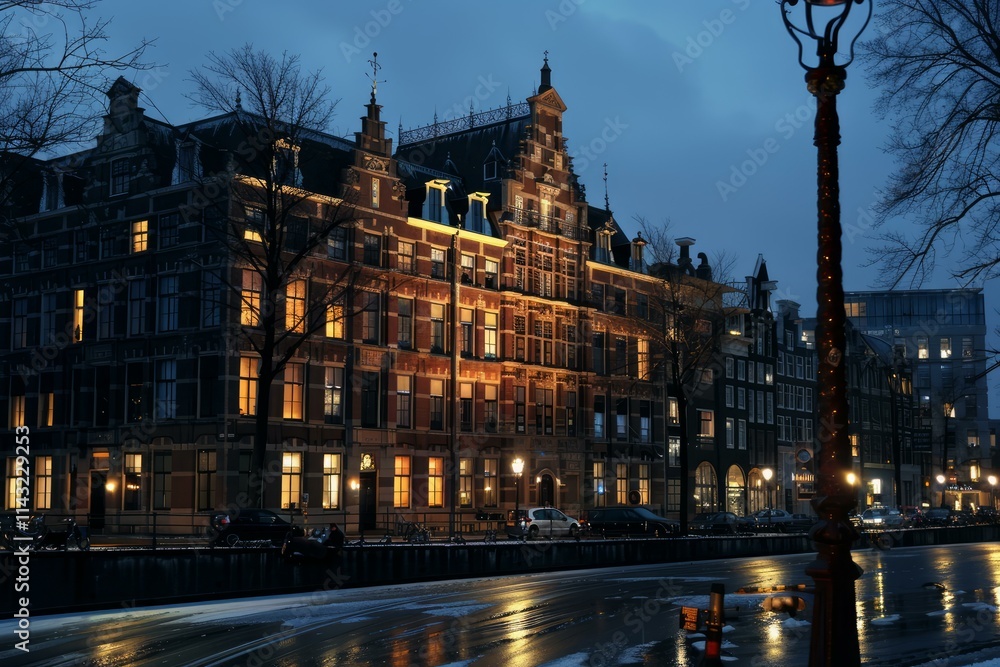Naklejka premium Traditional dutch houses are illuminated along an amsterdam canal at twilight