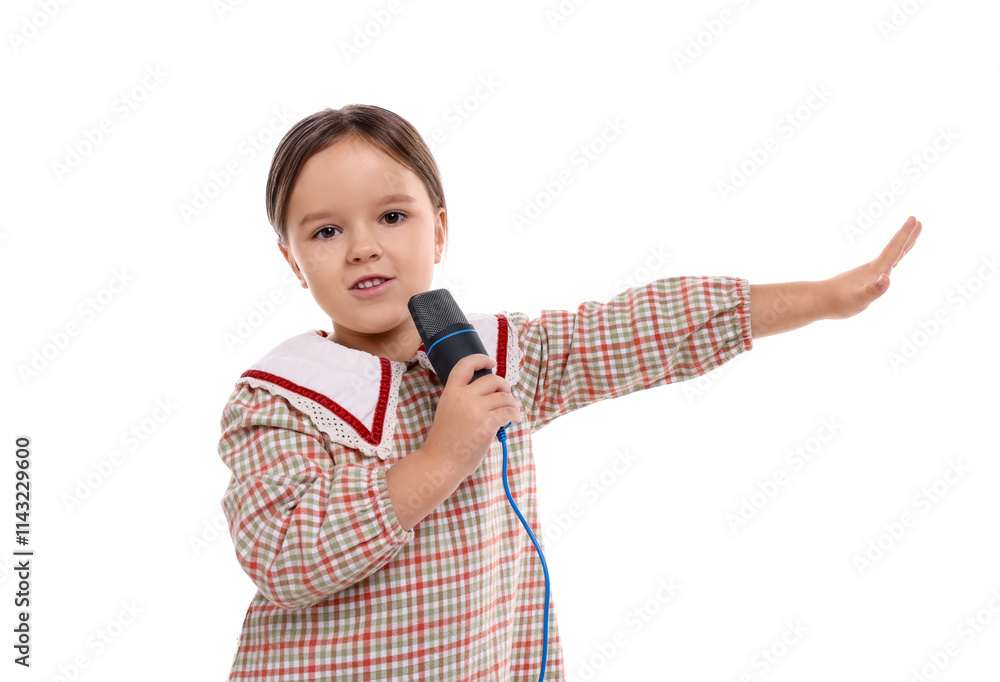 Cute girl with microphone singing on white background Cute girl with microphone singing on white background