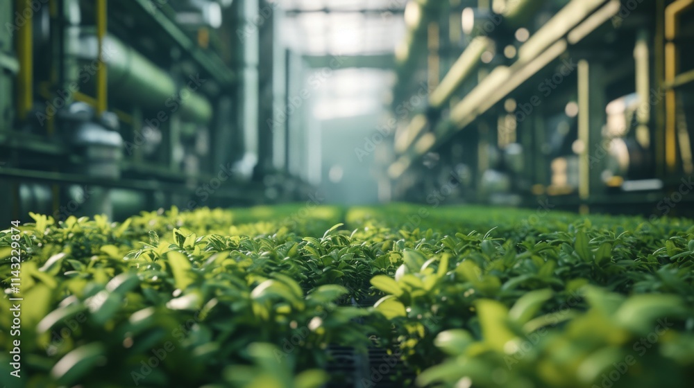 A detailed view of lush green plants growing in rows inside a high-tech greenhouse with soft lighting and industrial equipment in the background. AI generated. A detailed view of lush green plants growing in rows inside a high-tech greenhouse with soft lighting and industrial equipment in the background. AI generated.