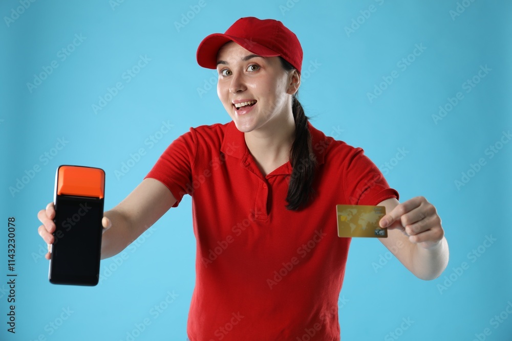 Happy courier with payment terminal and credit card on light blue background Happy courier with payment terminal and credit card on light blue background