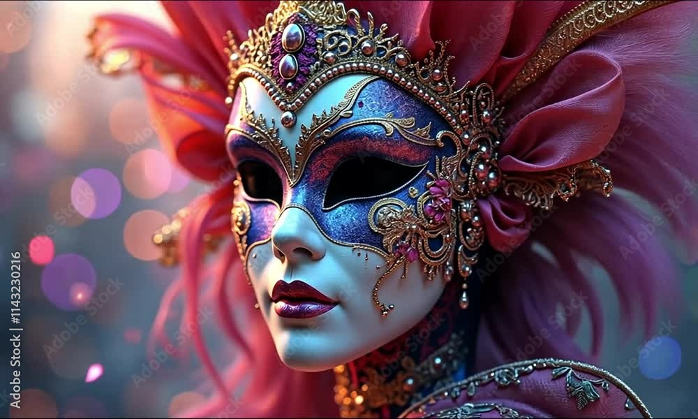 Venetian carnival mask with sparkling bokeh lights showcasing elegance and cultural artistry Venetian carnival mask with sparkling bokeh lights showcasing elegance and cultural artistry
