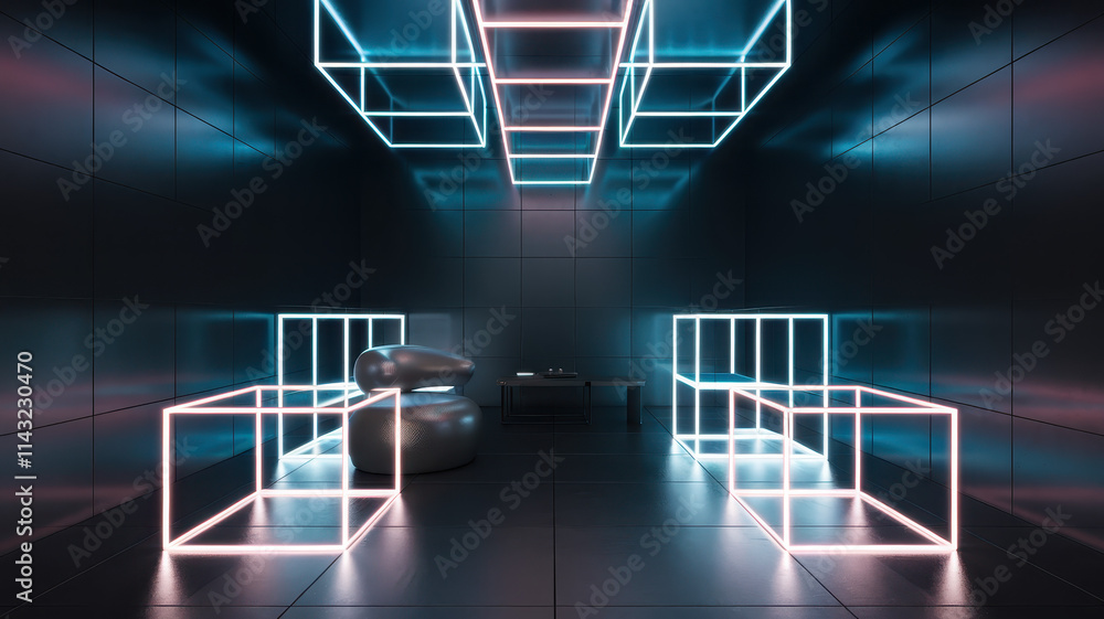Obraz premium A futuristic interior featuring neon-lit geometric cubes and sleek seating, creating a modern, artistic ambiance.