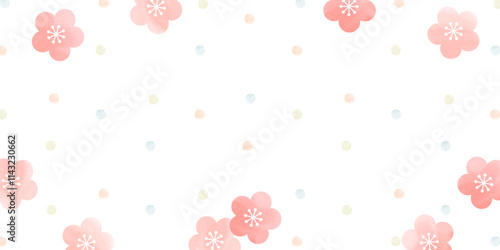 梅の花と水玉模様｜水彩風 手描き 和風 春 背景デザイン ( ベクター 素材 白背景 背景素材 )