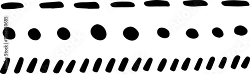 Three lines of simple, hand drawn, irregular black shapes are creating an abstract pattern on a clean white background, offering a minimalist and artistic design element