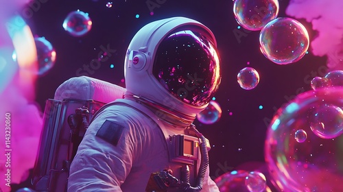 Astronaut in vibrant cosmic landscape with bubbles photo