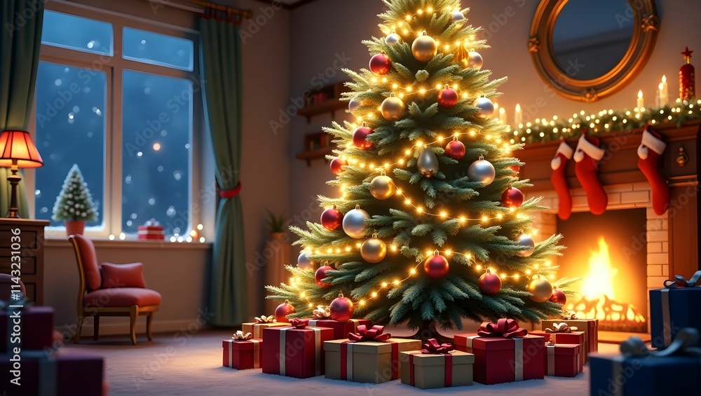 A charming Christmas scene with snow-covered trees adorned with twinkling lights in shades of red, gold, and white, creating a magical atmosphere. A charming Christmas scene with snow-covered trees adorned with twinkling lights in shades of red, gold, and white, creating a magical atmosphere.