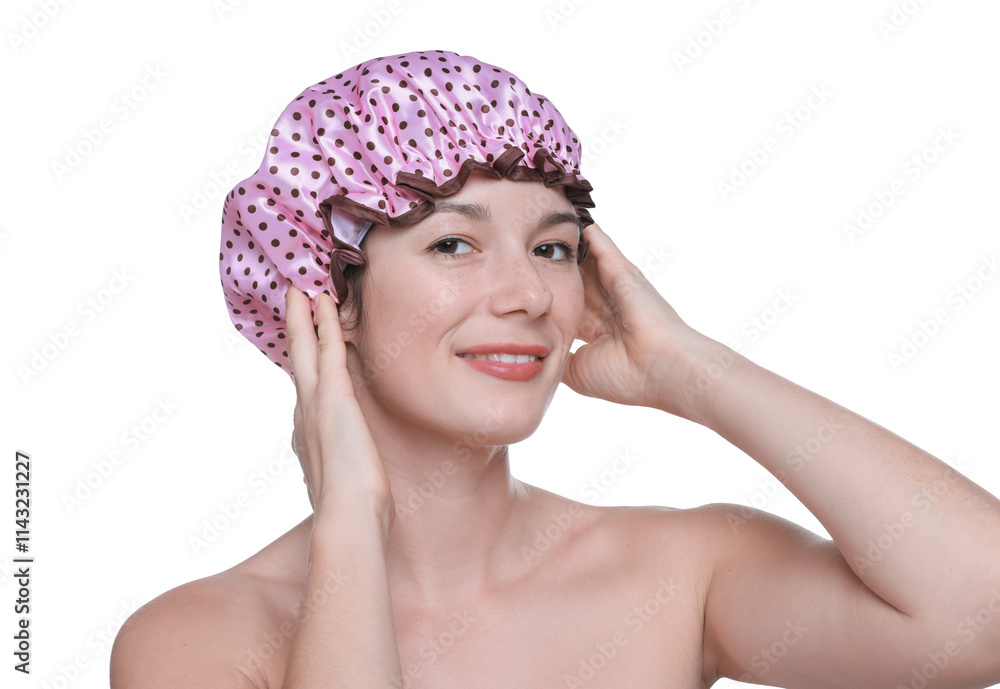 Woman wearing pink shower cap on white background Woman wearing pink shower cap on white background
