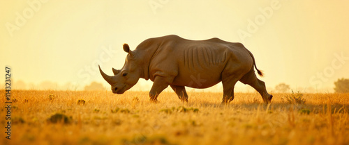 Majestic rhino walking in golden savanna at sunset